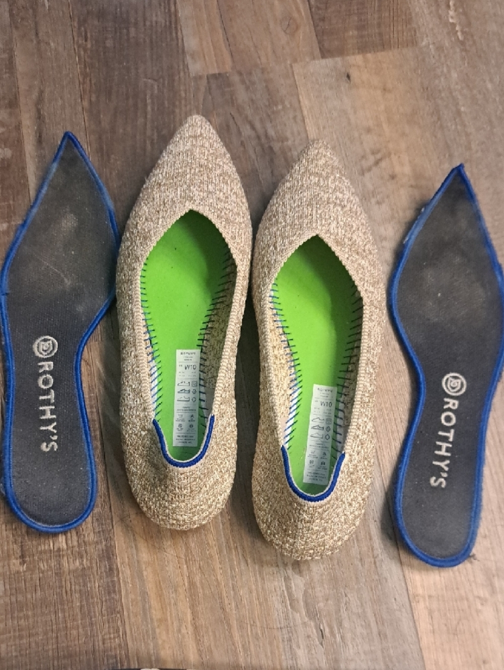 Rothy's Metallic Gold Pointed Knit Flats with Blue Trim 10 - Picture 4 of 7